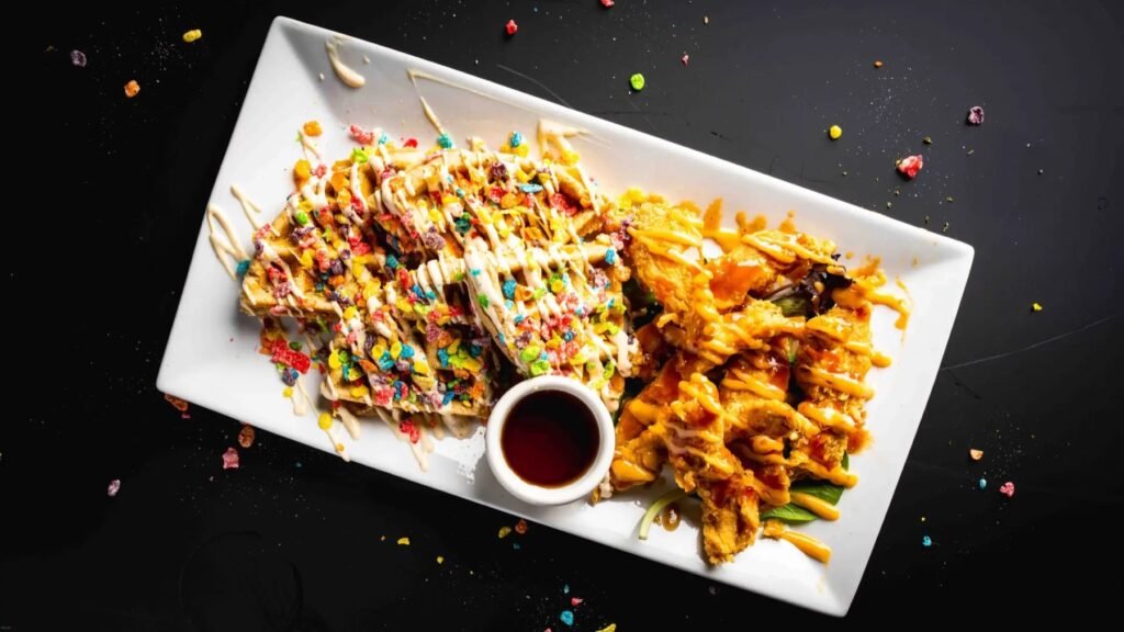 Fried chicken beside a waffle topped with Fruity Pebbles, with syrup on the side